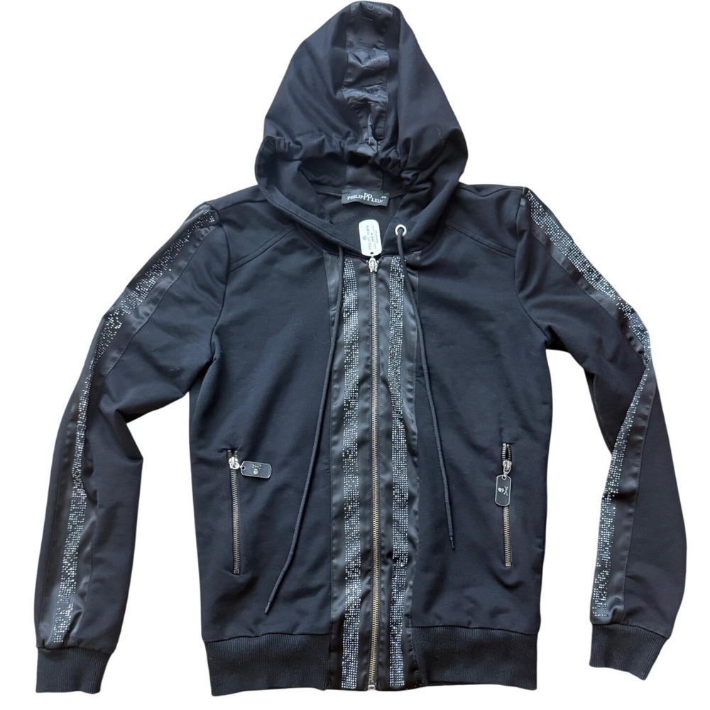 Philipp Plein Black Rhinestone Skull Zip Up Hoodie Made in Italy MOD 10153 38